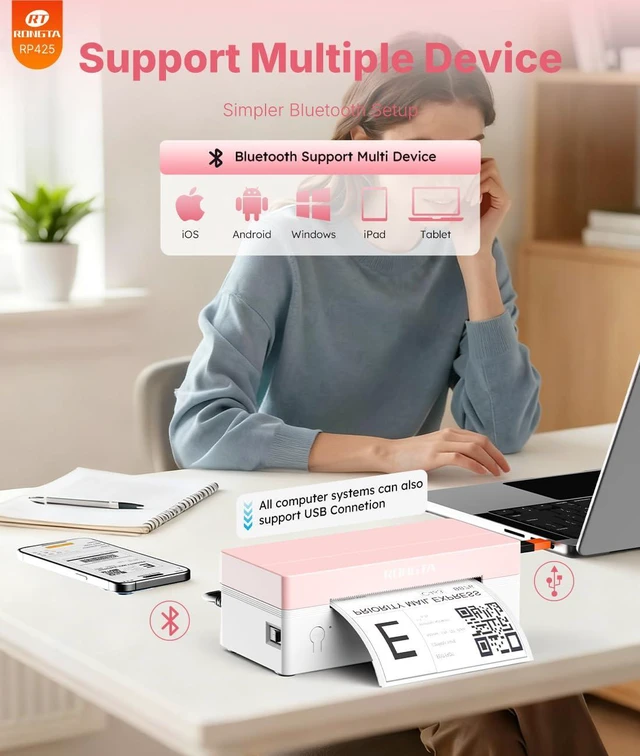 Alt view image 2 of 7 - 4x6 Bluetooth Thermal Label Printer, Wireless Shipping Label Printers for Shipping Packages Small Business Office or Home, Compatible with iPhone Android iPad macOS Windows, Pink