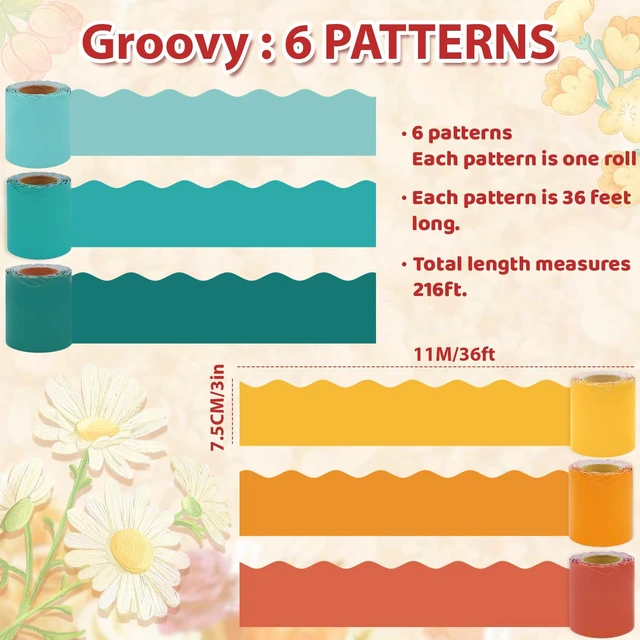 Alt view image 3 of 7 - 216ft Groovy Retro Classroom Decorations, Retro Bulletin Board Borders Set, Colorful Wavy Scalloped Rolled Border Trims for Teacher Back to School Supplies, Classroom Door Wall Decals, 6 Rolls