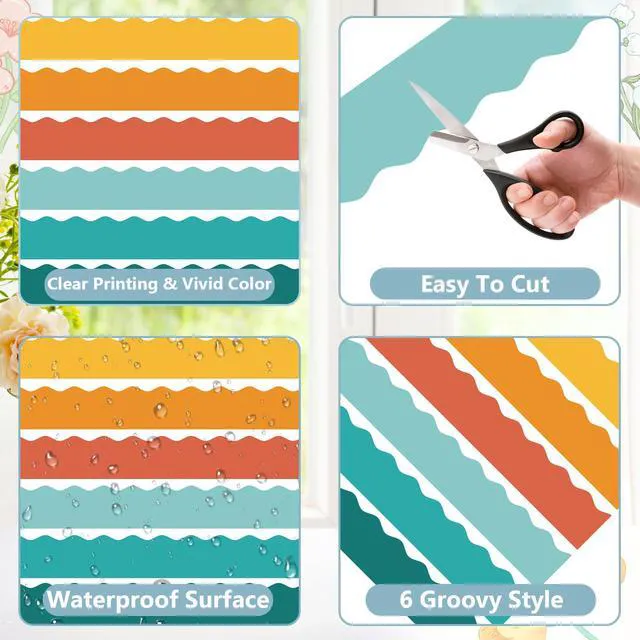 Alt view image 4 of 7 - 216ft Groovy Retro Classroom Decorations, Retro Bulletin Board Borders Set, Colorful Wavy Scalloped Rolled Border Trims for Teacher Back to School Supplies, Classroom Door Wall Decals, 6 Rolls