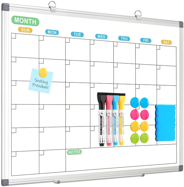 Main image of Dry Erase Calendar Whiteboard for Wall, 24" x 18" Silver Frame Double-Sided Magnetic, Monthly White Board Calendar, Aluminum Frame, Hang Wall Mount for Home Office School