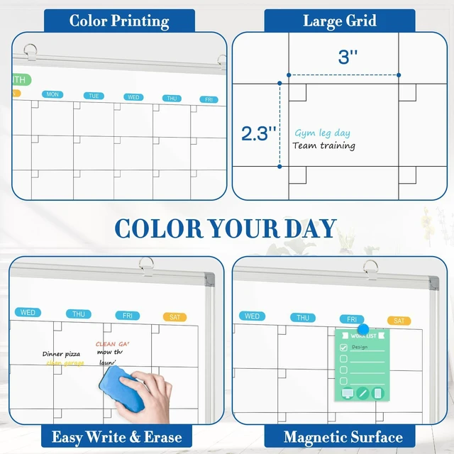 Alt view image 3 of 6 - Dry Erase Calendar Whiteboard for Wall, 24" x 18" Silver Frame Double-Sided Magnetic, Monthly White Board Calendar, Aluminum Frame, Hang Wall Mount for Home Office School