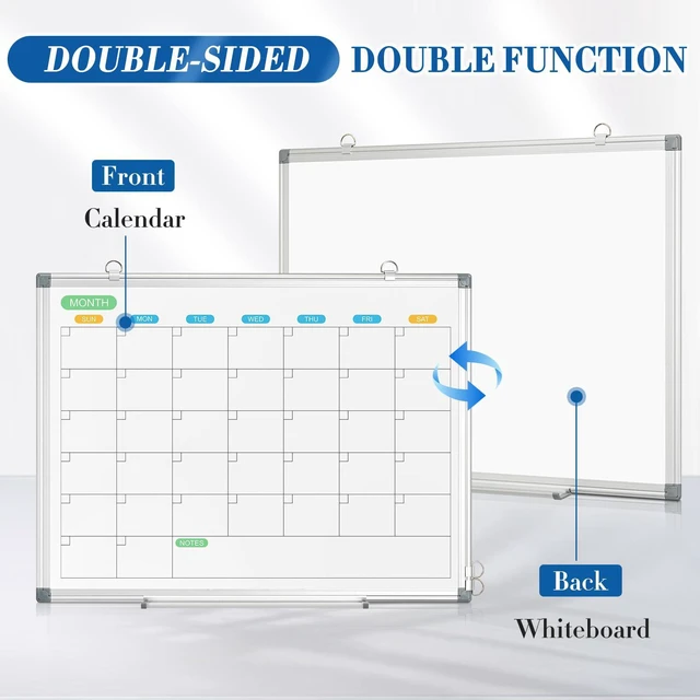 Alt view image 2 of 6 - Dry Erase Calendar Whiteboard for Wall, 24" x 18" Silver Frame Double-Sided Magnetic, Monthly White Board Calendar, Aluminum Frame, Hang Wall Mount for Home Office School