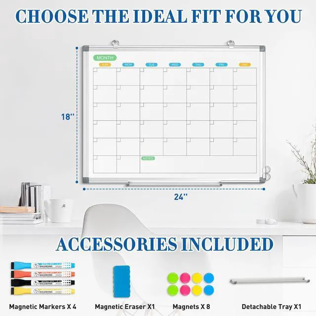 Alt view image 4 of 6 - Dry Erase Calendar Whiteboard for Wall, 24" x 18" Silver Frame Double-Sided Magnetic, Monthly White Board Calendar, Aluminum Frame, Hang Wall Mount for Home Office School