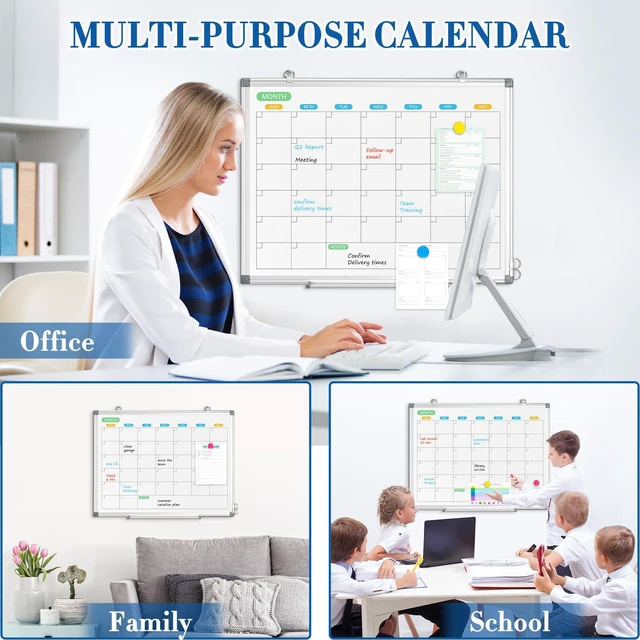Alt view image 6 of 6 - Dry Erase Calendar Whiteboard for Wall, 24" x 18" Silver Frame Double-Sided Magnetic, Monthly White Board Calendar, Aluminum Frame, Hang Wall Mount for Home Office School