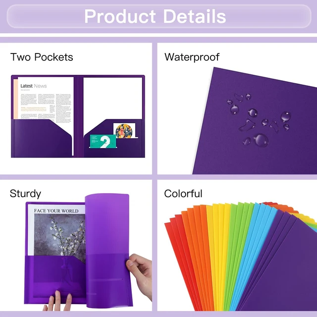 Alt view image 3 of 7 - 24pcs Folders with Pockets, Plastic Pocket Folders, 2 Pocket Folders with 2 Business Card Holder, 6 Colors, Letter Size, A4 Size, for Office, Teaching, Students and School