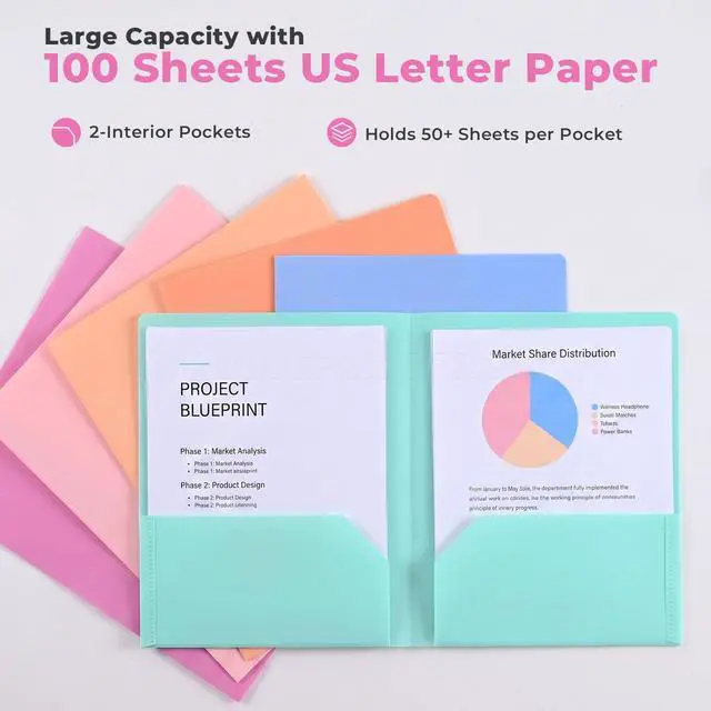 Alt view image 3 of 7 - 6 Pack Plastic Folders with Pockets, Extra Thick 2 Pocket Folders, Stay-Put Tabs for Letter Size Paper, Aesthetic Pastel Colors, Water-Resistant File Folders for School, Office & College (36)