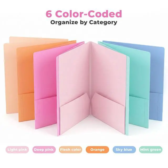 Alt view image 4 of 7 - 6 Pack Plastic Folders with Pockets, Extra Thick 2 Pocket Folders, Stay-Put Tabs for Letter Size Paper, Aesthetic Pastel Colors, Water-Resistant File Folders for School, Office & College (36)