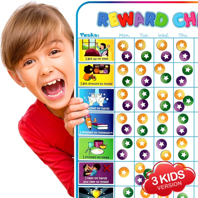 Main image of Large Magnetic Reward Chart for Multiple Kids (1-3 Kids) - 127 Pre-Written Stickers (Including Potty Training) + 30 Custom Chores - Behavior, Responsibility & Incentive Star Chart for Your Fridge