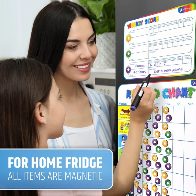 Alt view image 2 of 7 - Large Magnetic Reward Chart for Multiple Kids (1-3 Kids) - 127 Pre-Written Stickers (Including Potty Training) + 30 Custom Chores - Behavior, Responsibility & Incentive Star Chart for Your Fridge