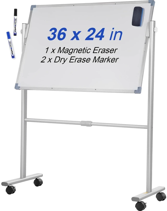 Main image of Mobile Magnetic Whiteboard, 36 x 24 Inch, Double Sided, 360 Degree Reversible Rolling Dry Erase Board, Height Adjustable with Aluminum Frame and Lockable Swivel Wheels, for Office School Home