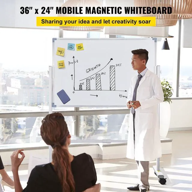 Alt view image 2 of 7 - Mobile Magnetic Whiteboard, 36 x 24 Inch, Double Sided, 360 Degree Reversible Rolling Dry Erase Board, Height Adjustable with Aluminum Frame and Lockable Swivel Wheels, for Office School Home
