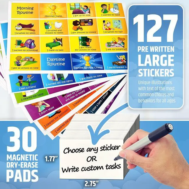 Alt view image 4 of 7 - Large Magnetic Reward Chart for Multiple Kids (1-3 Kids) - 127 Pre-Written Stickers (Including Potty Training) + 30 Custom Chores - Behavior, Responsibility & Incentive Star Chart for Your Fridge