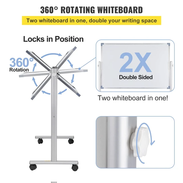 Alt view image 4 of 7 - Mobile Magnetic Whiteboard, 36 x 24 Inch, Double Sided, 360 Degree Reversible Rolling Dry Erase Board, Height Adjustable with Aluminum Frame and Lockable Swivel Wheels, for Office School Home