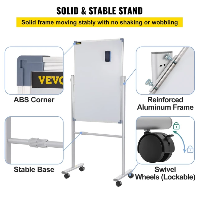 Alt view image 6 of 7 - Mobile Magnetic Whiteboard, 36 x 24 Inch, Double Sided, 360 Degree Reversible Rolling Dry Erase Board, Height Adjustable with Aluminum Frame and Lockable Swivel Wheels, for Office School Home