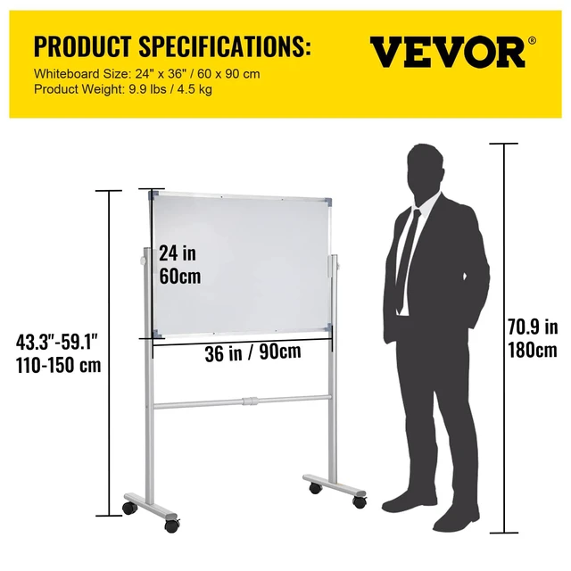 Alt view image 7 of 7 - Mobile Magnetic Whiteboard, 36 x 24 Inch, Double Sided, 360 Degree Reversible Rolling Dry Erase Board, Height Adjustable with Aluminum Frame and Lockable Swivel Wheels, for Office School Home