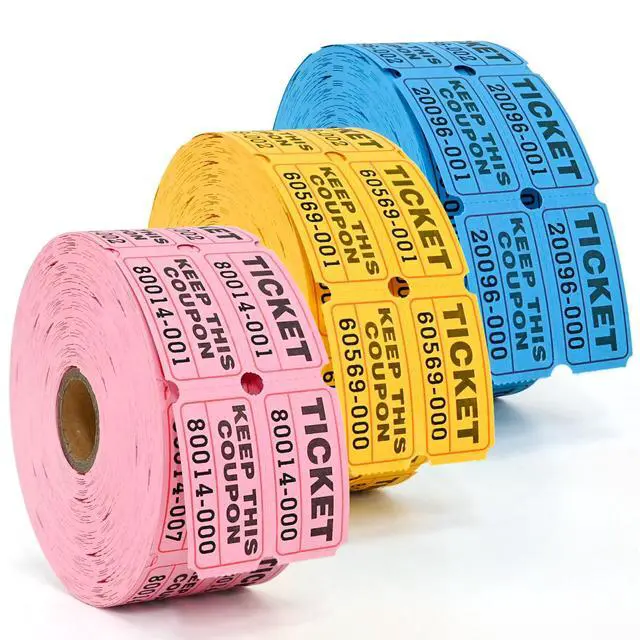 Main image of L LIKED 3000 Pairs 2"x2" Blue,Yellow & Blue Double Roll Raffle Tickets Consecutively Numbered 50/50 Stub Design, Great for Door Prizes & Prize Drawings