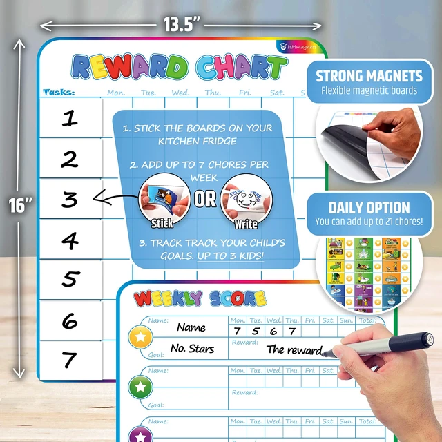 Alt view image 5 of 7 - Large Magnetic Reward Chart for Multiple Kids (1-3 Kids) - 127 Pre-Written Stickers (Including Potty Training) + 30 Custom Chores - Behavior, Responsibility & Incentive Star Chart for Your Fridge