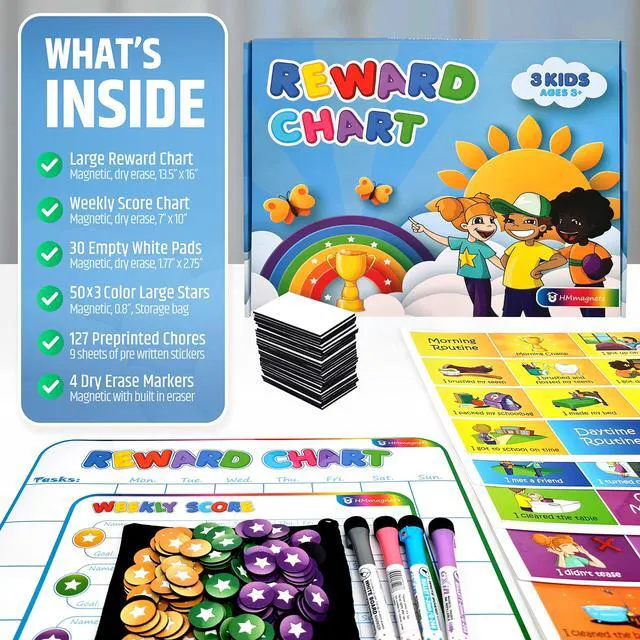 Alt view image 6 of 7 - Large Magnetic Reward Chart for Multiple Kids (1-3 Kids) - 127 Pre-Written Stickers (Including Potty Training) + 30 Custom Chores - Behavior, Responsibility & Incentive Star Chart for Your Fridge