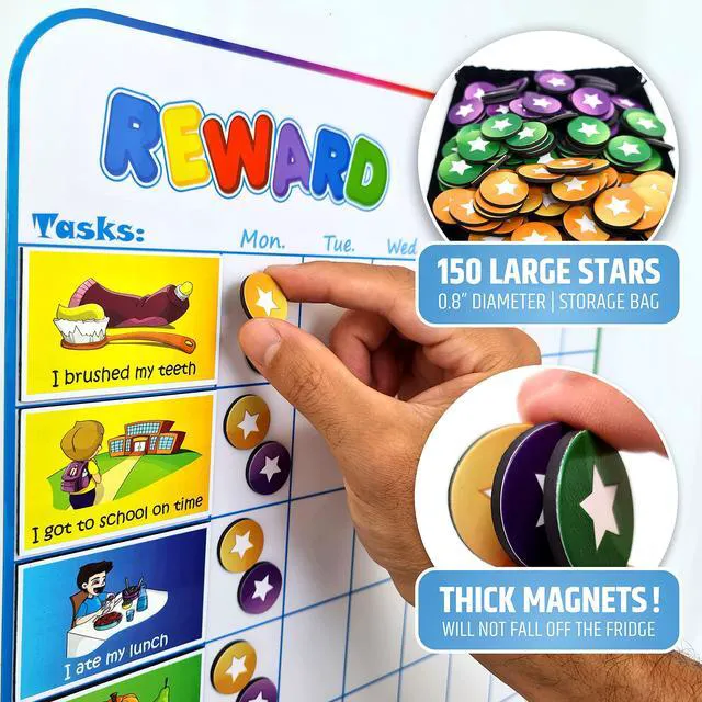 Alt view image 7 of 7 - Large Magnetic Reward Chart for Multiple Kids (1-3 Kids) - 127 Pre-Written Stickers (Including Potty Training) + 30 Custom Chores - Behavior, Responsibility & Incentive Star Chart for Your Fridge