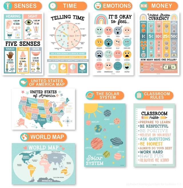 Alt view image 4 of 7 - 16 Laminated Toddler Learning Posters 1-3 for Preschool Classroom Decor Boho Learning Posters for Toddlers 1-3, Homeschool Room Decor for Toddler Wall Activity, Kindergarten Classroom Must Haves