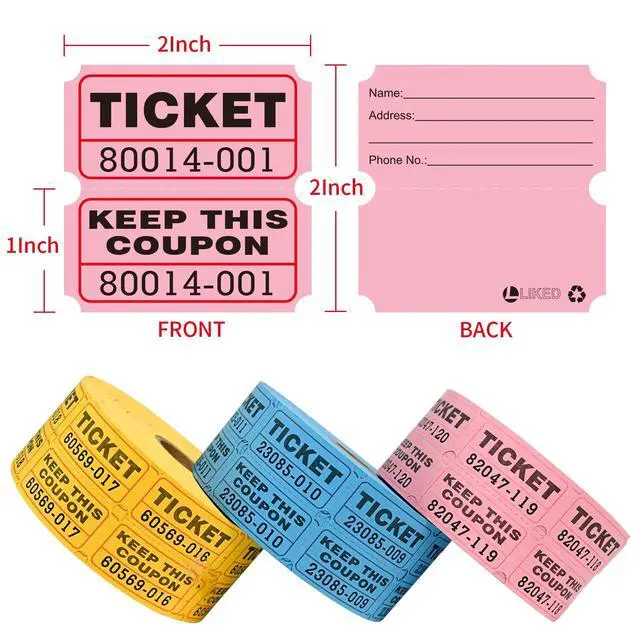 Alt view image 2 of 7 - L LIKED 3000 Pairs 2"x2" Blue,Yellow & Blue Double Roll Raffle Tickets Consecutively Numbered 50/50 Stub Design, Great for Door Prizes & Prize Drawings