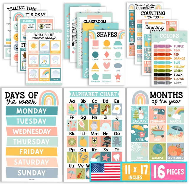 Main image of 16 Laminated Toddler Learning Posters 1-3 for Preschool Classroom Decor Boho Learning Posters for Toddlers 1-3, Homeschool Room Decor for Toddler Wall Activity, Kindergarten Classroom Must Haves