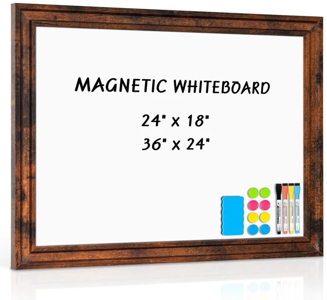 Main image of White Board for Wall, 24'' x 18'' Magnetic Dry Erase Board, Brown Wooden Frame, Decorative Whiteboard, Wall Mounted, for Home, Office, Kitchen, Dorm, 4 Markers, 6 Magnets, A Eraser