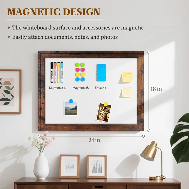 Alt view image 3 of 7 - White Board for Wall, 24'' x 18'' Magnetic Dry Erase Board, Brown Wooden Frame, Decorative Whiteboard, Wall Mounted, for Home, Office, Kitchen, Dorm, 4 Markers, 6 Magnets, A Eraser