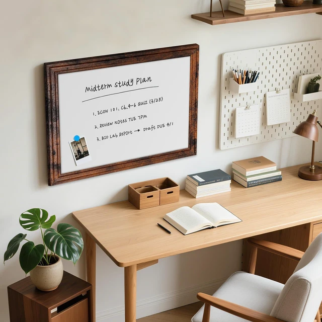 Alt view image 6 of 7 - White Board for Wall, 24'' x 18'' Magnetic Dry Erase Board, Brown Wooden Frame, Decorative Whiteboard, Wall Mounted, for Home, Office, Kitchen, Dorm, 4 Markers, 6 Magnets, A Eraser