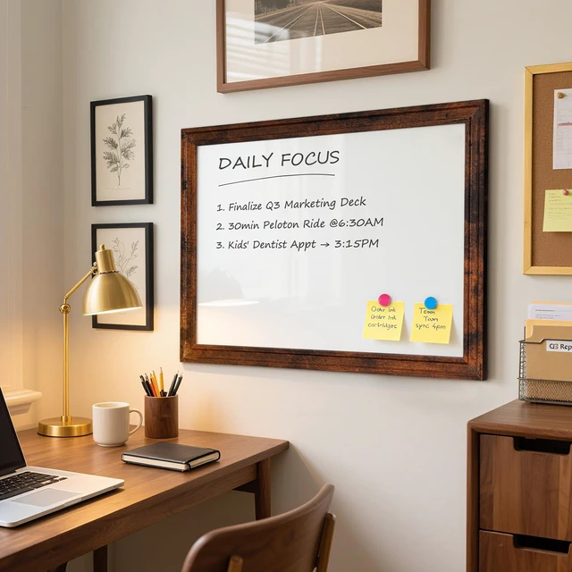Alt view image 7 of 7 - White Board for Wall, 24'' x 18'' Magnetic Dry Erase Board, Brown Wooden Frame, Decorative Whiteboard, Wall Mounted, for Home, Office, Kitchen, Dorm, 4 Markers, 6 Magnets, A Eraser