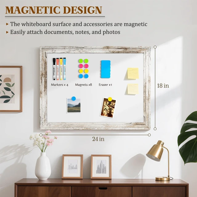 Alt view image 2 of 7 - White Board for Wall, 24'' x 18'' Magnetic Dry Erase Board, Rustic Wooden Frame, Decorative Whiteboard, Wall Mounted, for Home, Office, Kitchen, Dorm, 4 Markers, 6 Magnets, A Eraser