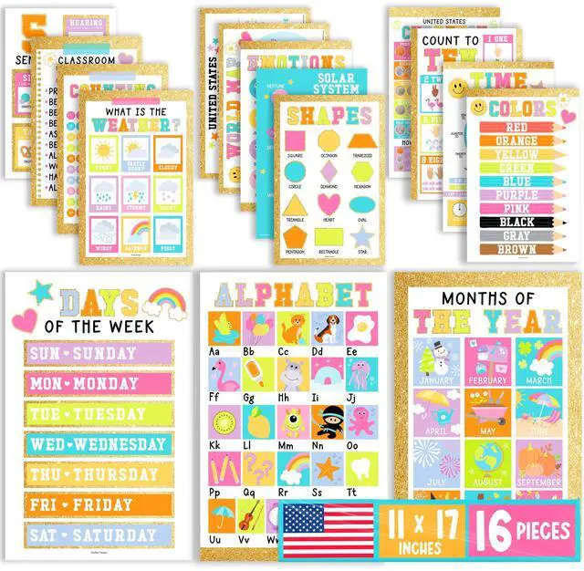 Main image of 16 Laminated Toddler Learning Posters 1-3 for Preschool Classroom Decor Gold Learning Posters for Toddlers 1-3, Homeschool Room Decor for Toddler Wall Activity, Kindergarten Classroom Must Haves