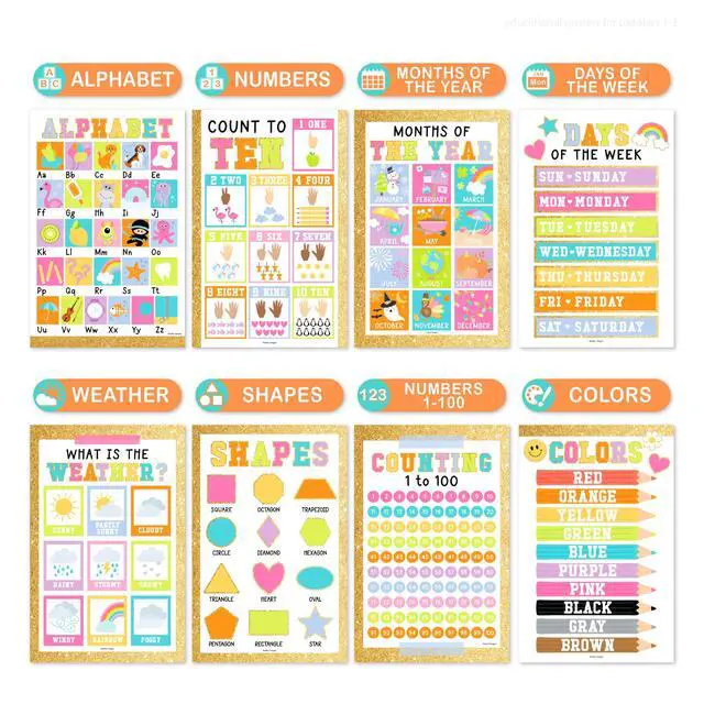 Alt view image 3 of 7 - 16 Laminated Toddler Learning Posters 1-3 for Preschool Classroom Decor Gold Learning Posters for Toddlers 1-3, Homeschool Room Decor for Toddler Wall Activity, Kindergarten Classroom Must Haves