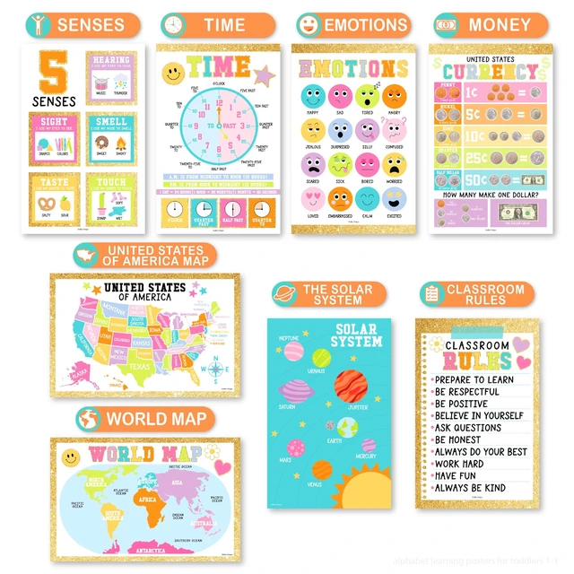 Alt view image 4 of 7 - 16 Laminated Toddler Learning Posters 1-3 for Preschool Classroom Decor Gold Learning Posters for Toddlers 1-3, Homeschool Room Decor for Toddler Wall Activity, Kindergarten Classroom Must Haves