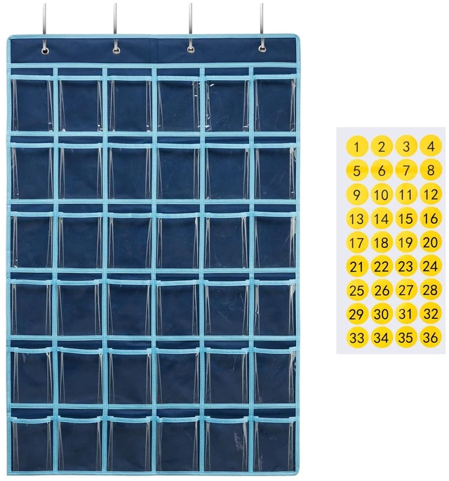 Main image of 36 Clear Pockets Classroom Pocket Chart for Cell Phone and Calculator Holder, Door Hanging Pocket Chart for Classroom Phone Holder with Number Sticker and Hooks (Blue)