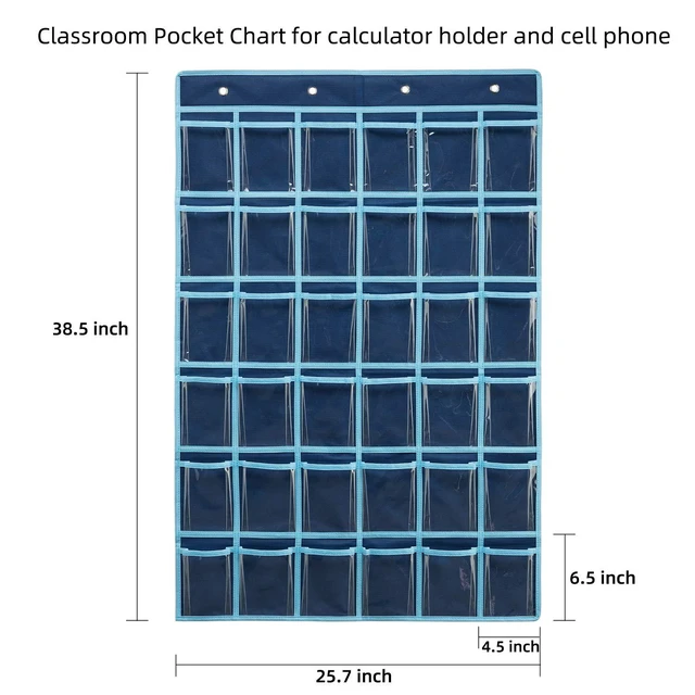 Alt view image 2 of 7 - 36 Clear Pockets Classroom Pocket Chart for Cell Phone and Calculator Holder, Door Hanging Pocket Chart for Classroom Phone Holder with Number Sticker and Hooks (Blue)