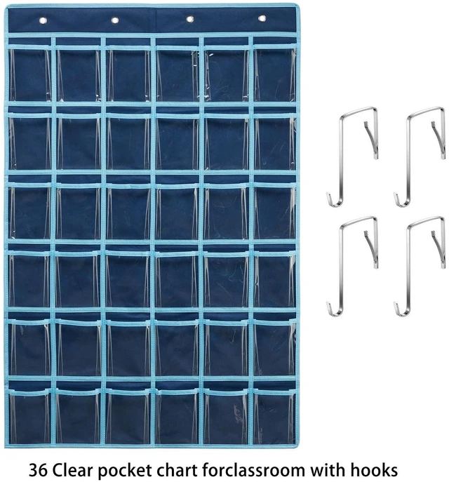 Alt view image 3 of 7 - 36 Clear Pockets Classroom Pocket Chart for Cell Phone and Calculator Holder, Door Hanging Pocket Chart for Classroom Phone Holder with Number Sticker and Hooks (Blue)