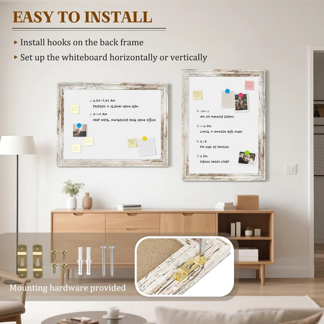 Alt view image 5 of 7 - White Board for Wall, 24'' x 18'' Magnetic Dry Erase Board, Rustic Wooden Frame, Decorative Whiteboard, Wall Mounted, for Home, Office, Kitchen, Dorm, 4 Markers, 6 Magnets, A Eraser