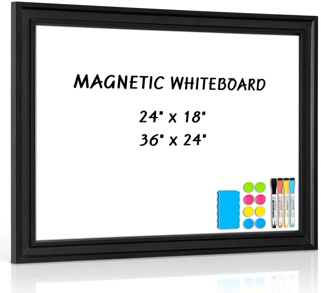 Main image of White Board for Wall, 24'' x 18'' Magnetic Dry Erase Board, Black Wooden Frame, Decorative Whiteboard, Wall Mounted, for Home, Office, Kitchen, Dorm, 4 Markers, 6 Magnets, A Eraser