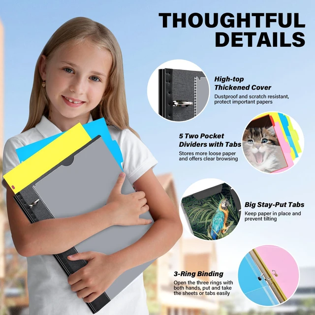Alt view image 4 of 7 - Telescoping Project Organizer, 1 Inch 3 Ring Binder, Black Clear Front Pocket / Tabbed Catalog Pocket / 5-Tab Pocket Dividers / 1 Plastic Binder Pocket