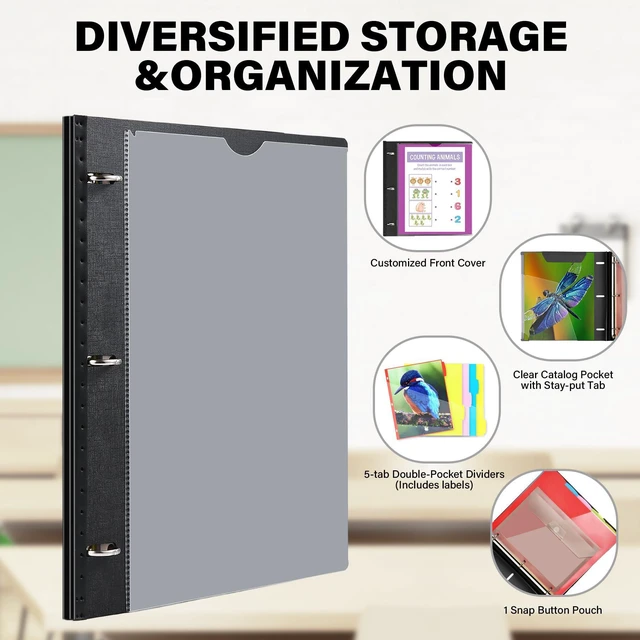 Alt view image 5 of 7 - Telescoping Project Organizer, 1 Inch 3 Ring Binder, Black Clear Front Pocket / Tabbed Catalog Pocket / 5-Tab Pocket Dividers / 1 Plastic Binder Pocket