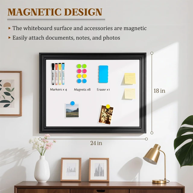 Alt view image 3 of 7 - White Board for Wall, 24'' x 18'' Magnetic Dry Erase Board, Black Wooden Frame, Decorative Whiteboard, Wall Mounted, for Home, Office, Kitchen, Dorm, 4 Markers, 6 Magnets, A Eraser