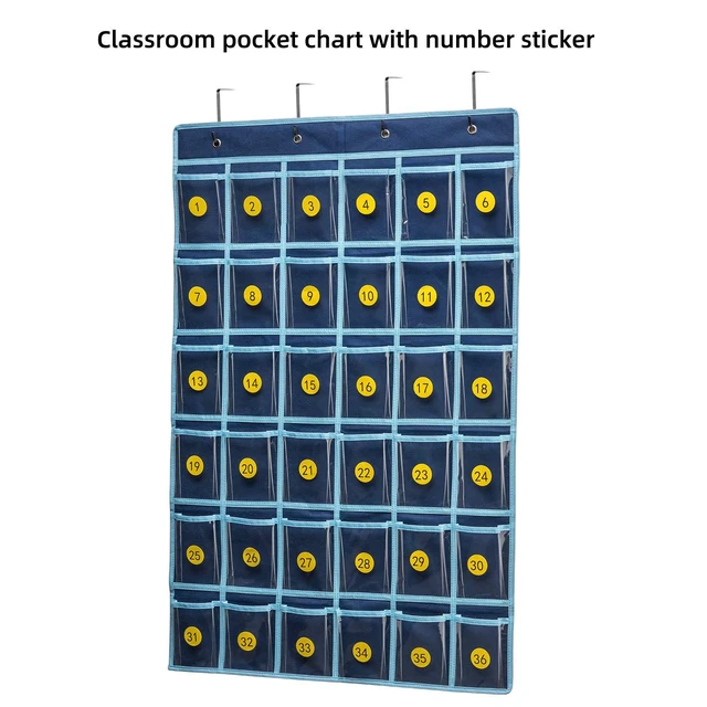 Alt view image 4 of 7 - 36 Clear Pockets Classroom Pocket Chart for Cell Phone and Calculator Holder, Door Hanging Pocket Chart for Classroom Phone Holder with Number Sticker and Hooks (Blue)