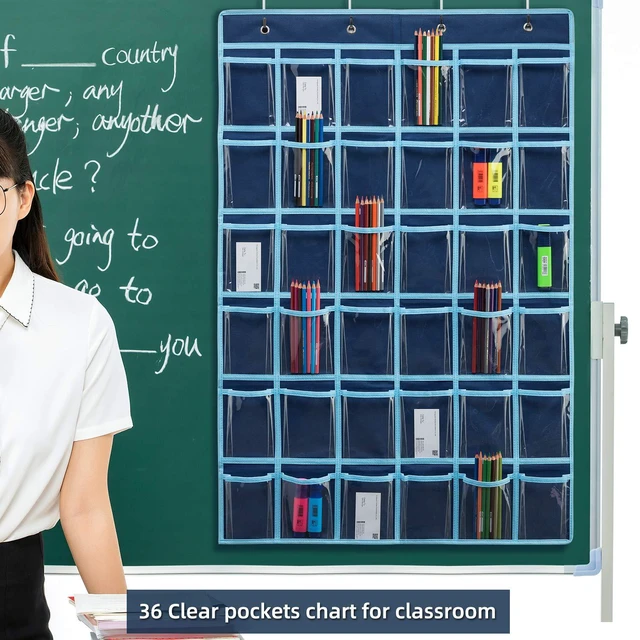 Alt view image 6 of 7 - 36 Clear Pockets Classroom Pocket Chart for Cell Phone and Calculator Holder, Door Hanging Pocket Chart for Classroom Phone Holder with Number Sticker and Hooks (Blue)