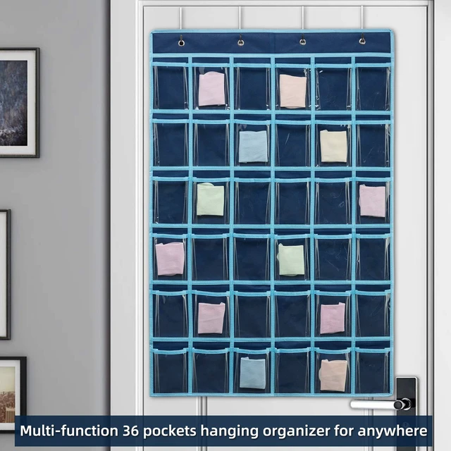 Alt view image 7 of 7 - 36 Clear Pockets Classroom Pocket Chart for Cell Phone and Calculator Holder, Door Hanging Pocket Chart for Classroom Phone Holder with Number Sticker and Hooks (Blue)