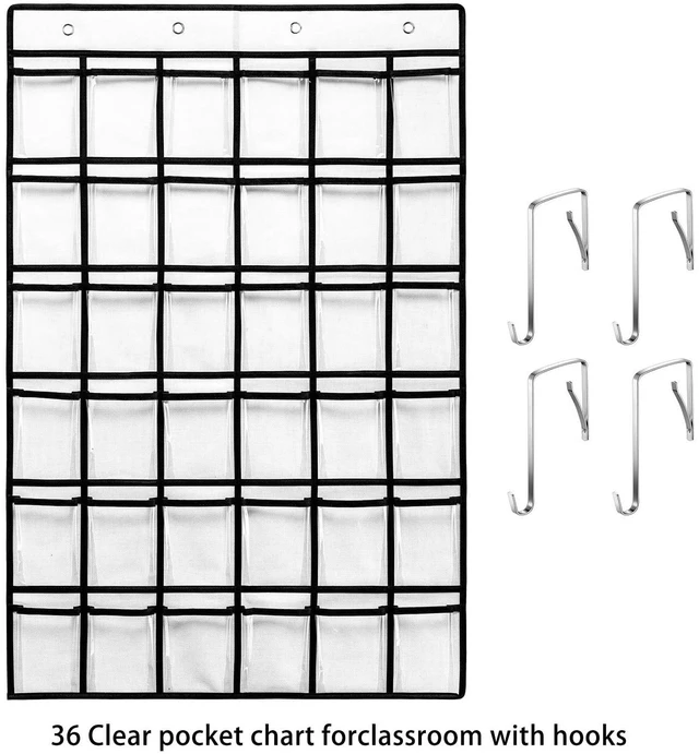 Alt view image 2 of 7 - 36 Clear Pockets Classroom Pocket Chart for Cell Phones, Pocket Chart for Calculator Phone Holder with 36 Number Stickers and Hooks (White)