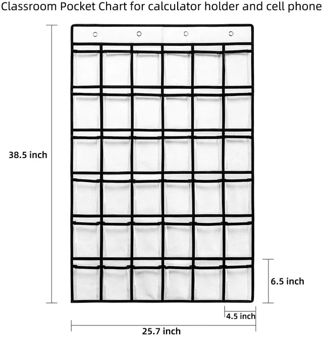 Alt view image 4 of 7 - 36 Clear Pockets Classroom Pocket Chart for Cell Phones, Pocket Chart for Calculator Phone Holder with 36 Number Stickers and Hooks (White)