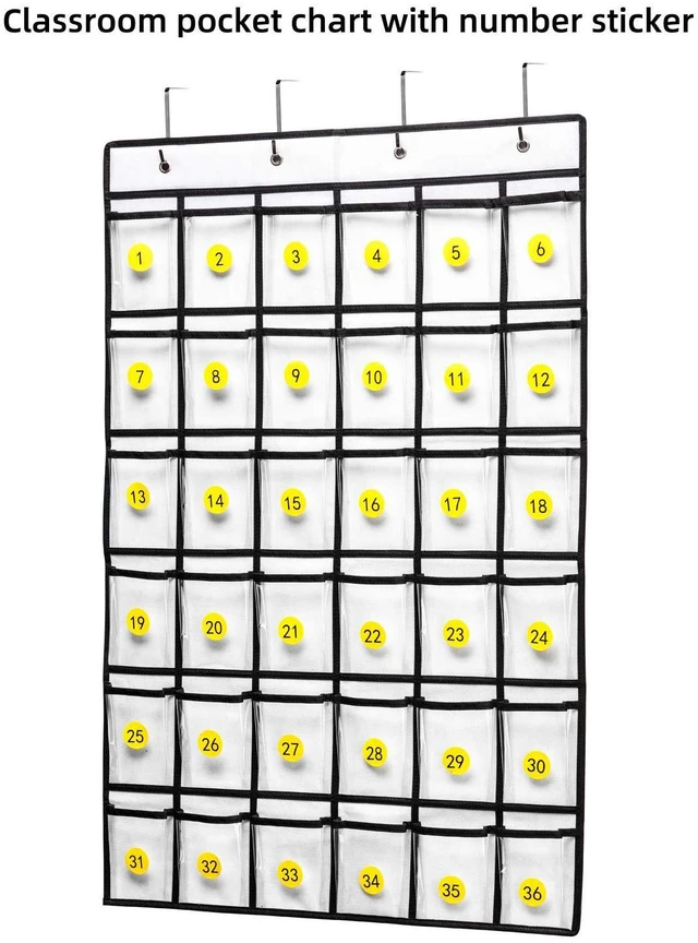 Alt view image 3 of 7 - 36 Clear Pockets Classroom Pocket Chart for Cell Phones, Pocket Chart for Calculator Phone Holder with 36 Number Stickers and Hooks (White)