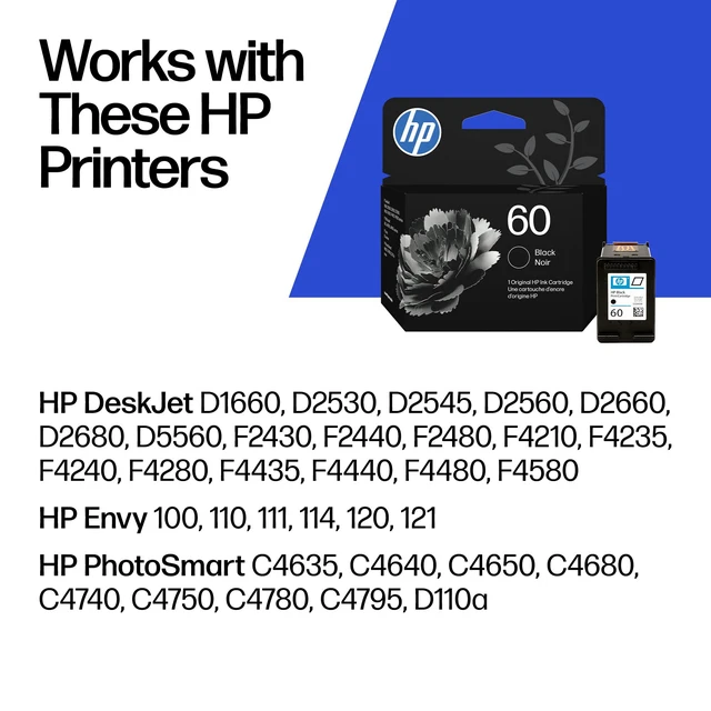 Alt view image 2 of 7 - 60 Black Ink Cartridge | Works with DeskJet D1660, D2500, D2600, D5560, F2400, F4200, F4400, F4580, Envy 100, OfficeJet J4500, J4680, 4500, PhotoSmart C4600, C4700, D110a Series | CC640WN