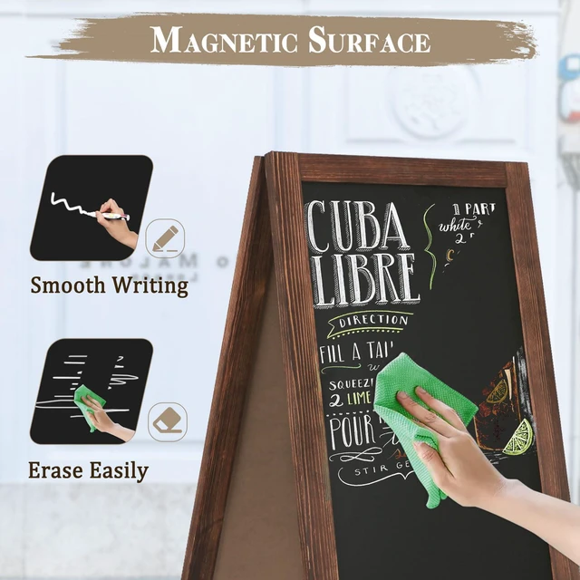 Alt view image 5 of 7 - Double-Sided Magnetic 40" x 20" Brown Chalk Board Sign Board | Wooden A-Frame Sign, Sandwich Board Signs Outdoor, Chalkboard Easel, Menu Board for Restaurant, Business or Wedding